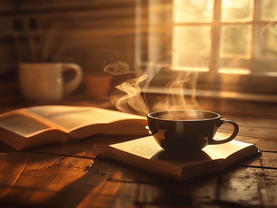 A steaming mug of black coffee on a sunlit wooden kitchen table beside an open book, warm golden morning light pouring through the window