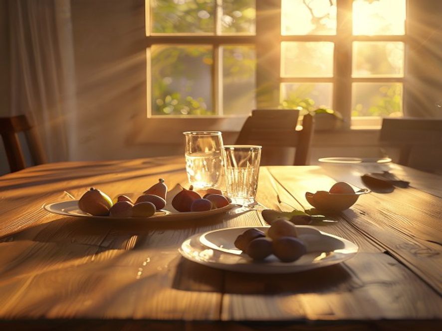 A warmly lit dinner table at golden hour with plates being cleared, a half-full water glass and a small bowl of fruit at the center, soft amber light pouring through a nearby window
