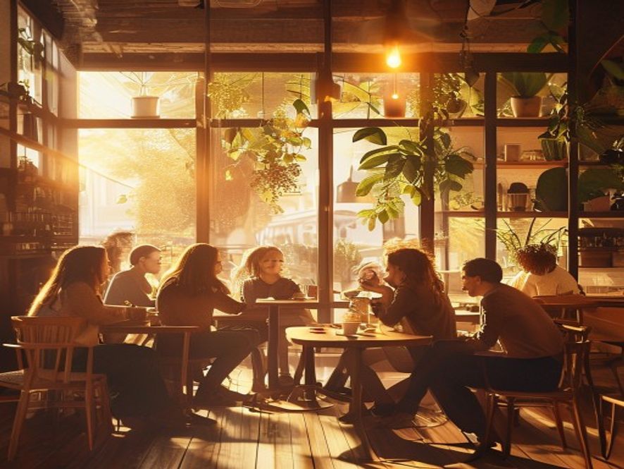 A bright café scene with several people relaxed at small tables holding coffee mugs and chatting, late-morning golden light spilling across the room