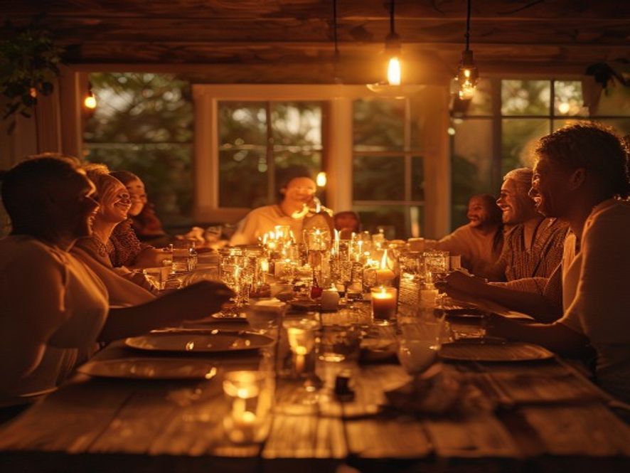 A family gathered around a long wooden table after dinner, laughing, plates pushed aside, candles glowing in soft golden light