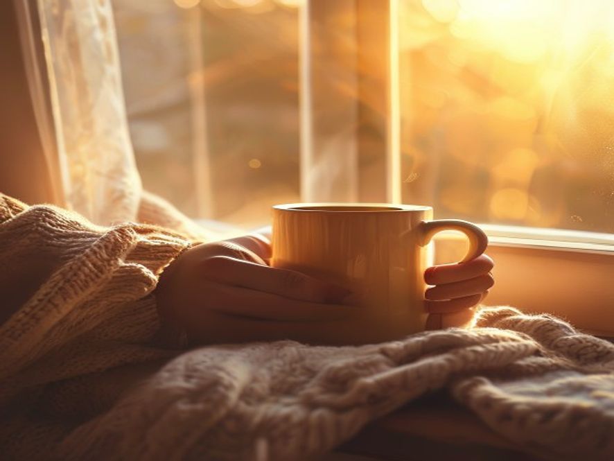 A pair of hands cradling a warm mug at a window seat with morning sun streaming in through curtains, a soft folded blanket nearby