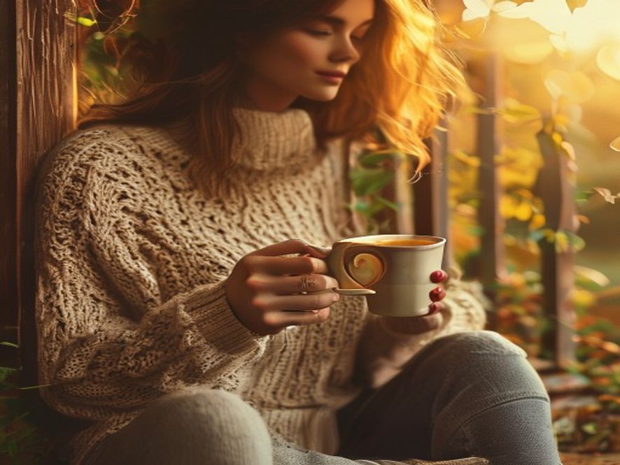 A quiet domestic scene of a woman in a soft sweater sitting on a porch step with a mug of tea after a meal, garden in warm golden light behind her