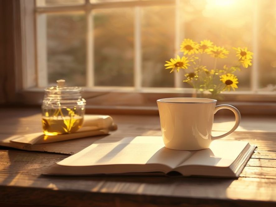 A sunlit kitchen window at golden hour with a single empty coffee mug, a book, and a small jar of wildflowers — calm, complete, ordinary