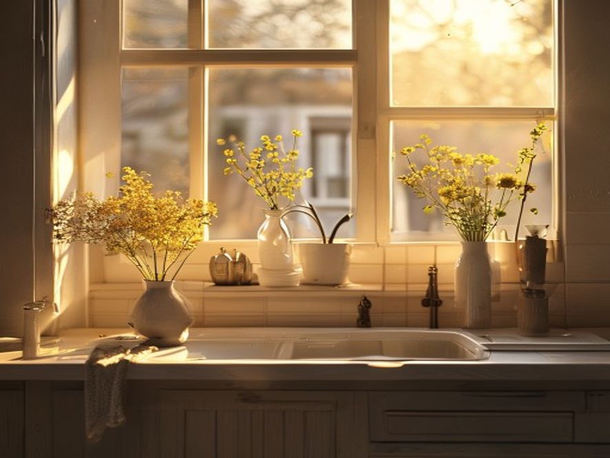A peaceful kitchen at dusk with clean dishes drying on a rack, a vase of wildflowers on the windowsill, last warm light fading through the window